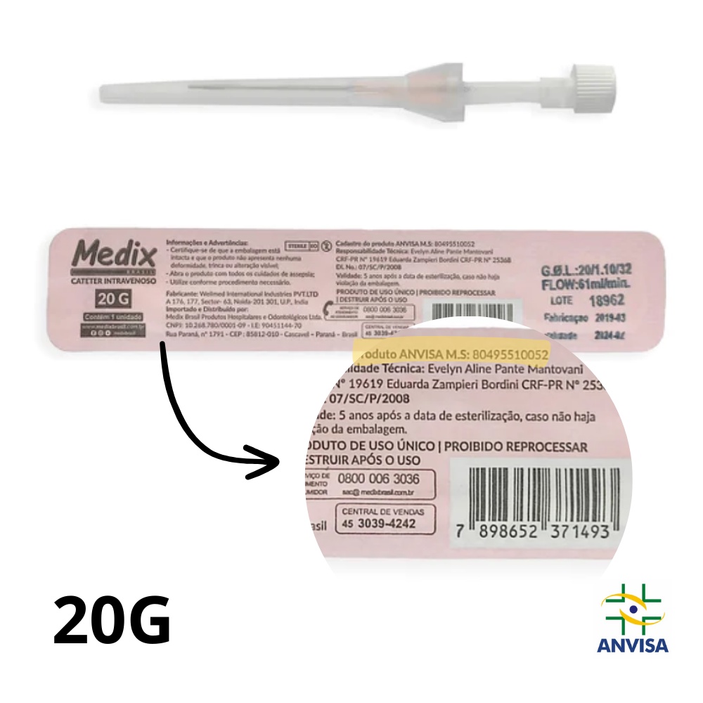 Cateter numero 20 piercing Intravenoso Periférico Jelco UNIDADE