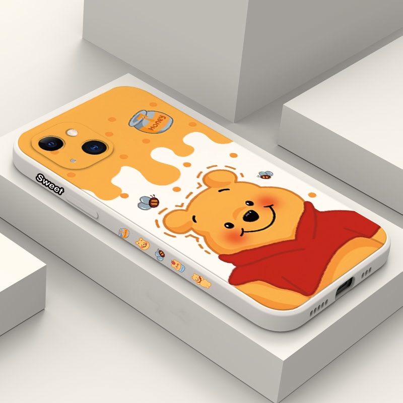Capa De Telefone Para iPhone 14 15 Pro Max 11 12 13 SE 2020 7 8 Plus XR XS X Mini Cartoon Winnie Bear Silicone Líquido Com Padrão Lateral