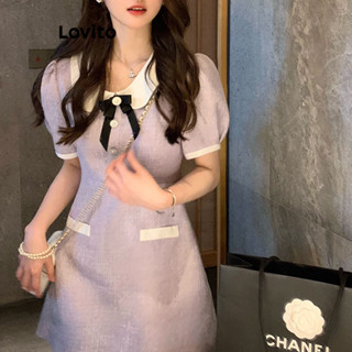 Lovito Vestido Casual com Manga Bufante e Gola com Amarração para Mulheres LNA17158 (Roxo)