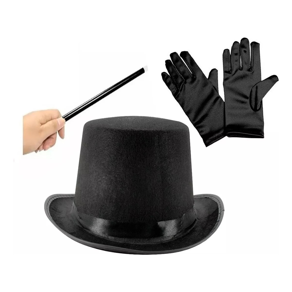 Fantasia Mágico Chapéu Cartola + Luva + Varinha Festa