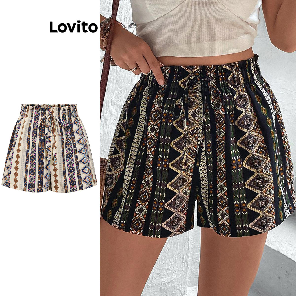 Lovito Shorts Boho Tropical Smocked Shorts Para Mulheres LSL01015 (Multicolorido) em Oferta na Shopee