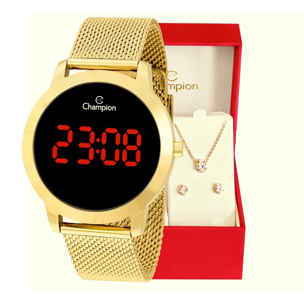 Relógio Champion Feminino Dourado Digital Led Vermelho CH40106H Kit Colar e Brincos - Watches