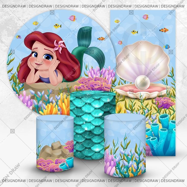 Kit Painel de Festa Pequena Sereia Cute Ariel - 1 Redondo 1,50 + 1 Vertical 2x1 + 3 Capas Cilindro