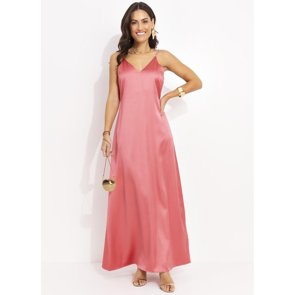 Vestido  Em Cetim Salmão Quintess em Oferta na Shopee