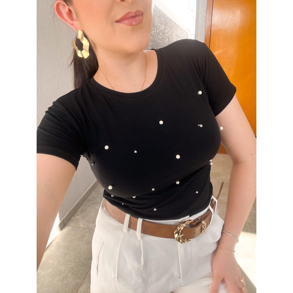 Blusa tshirt perola blusinha feminia t-shirt  blogueira moda Viscolaycra básica elastano tendencia em Oferta na Shopee