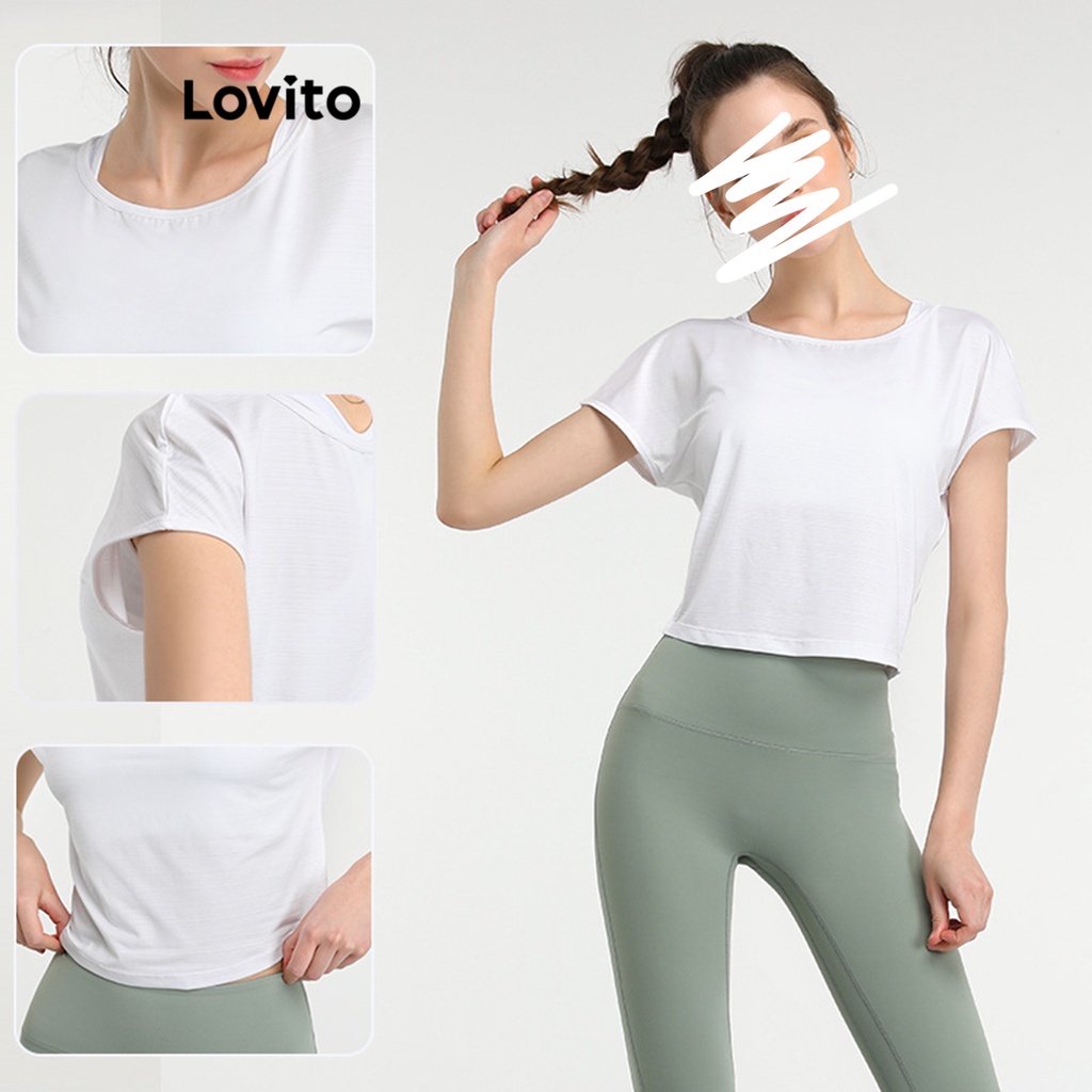 Lovito Camiseta Esportiva Básica Lisa Esportiva Para Mulheres LNA27303 (Azeitona/Branco/Rosa)