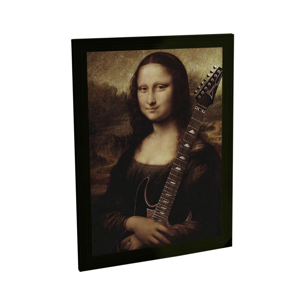 Quadro Decorativo Monalisa Rockeira com Guitarra Rock Banda Heavy Metal Pintura Engraçada