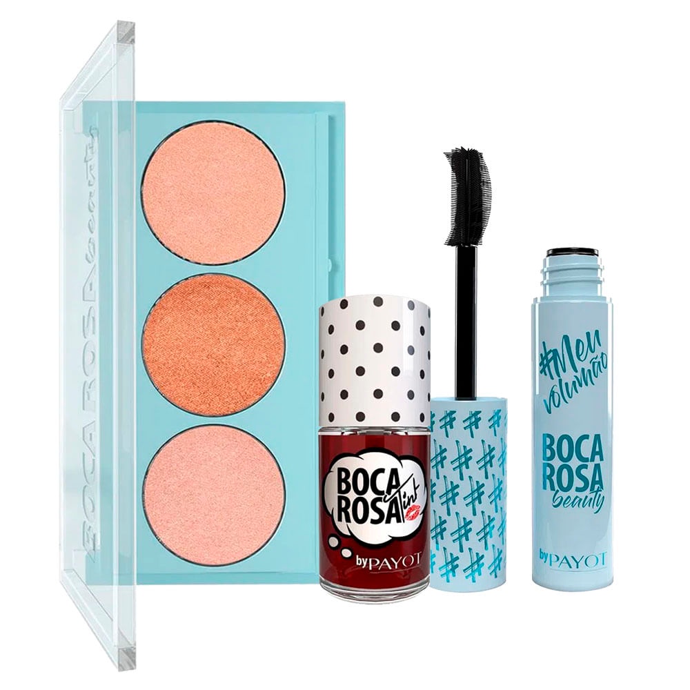 Kit Boca Rosa Iluminador + Lip Tint + Máscara para Cílios