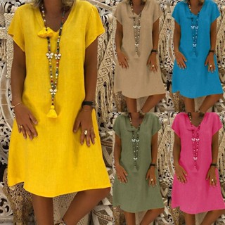 Vestido de linho de algodão de manga curta em V, vestido solto casual feminino cor sólida plus sise
