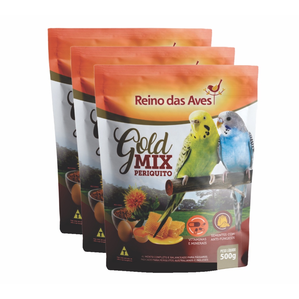 Kit 3un Racao Para Periquito Gold mix 500g Reino Das Aves
