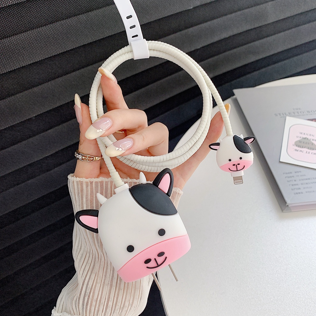 18/20w Cow Casing for iPhone Charger Plug USB Cable Bite Protector Cable Winder Cover Cord Cable Protector em Oferta na Shopee