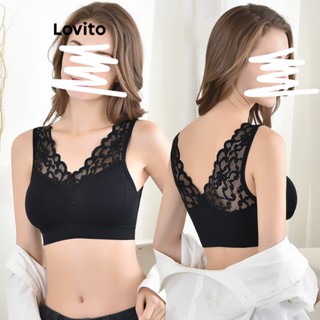 Lovito Bralette Casual Com Costura Em Tecido De Renda Lisa Para Mulheres LNA34078 (Cáqui/Cinza Claro/Azul/Preto)