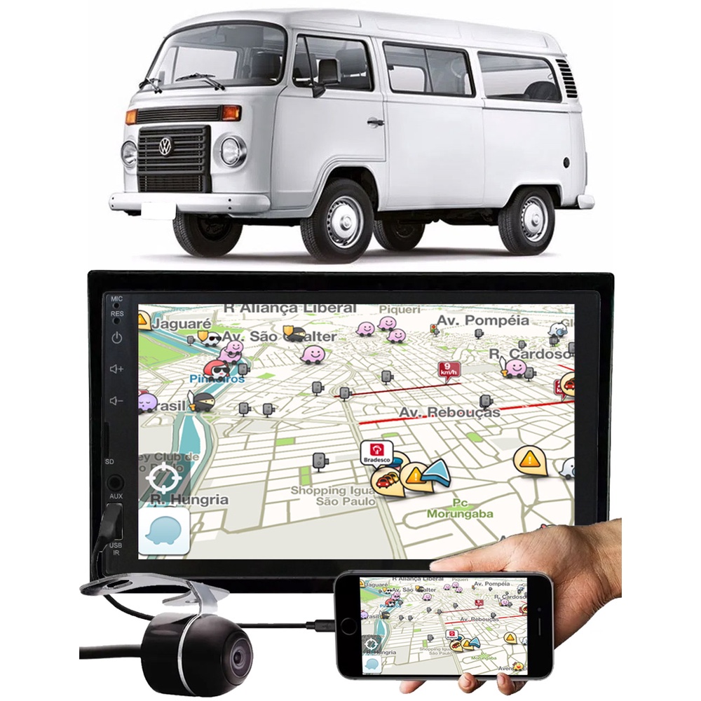 Multimídia E-Tech Vw Kombi Bluetooth Espelhamento Android IOS + Moldura Painel + Câmera Ré