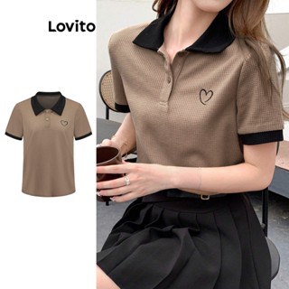 Lovito Casual Camiseta Feminina Polo com Coração Colorblock de Tricô L71ED030 (Cáqui Claro/Azul)