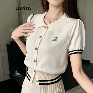 Lovito Casual Blusa Feminina Lisa Cropped de Tricô com Manga Curta Botão e Gola LNE24090 (Damasco)