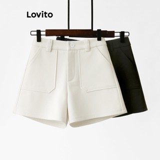 Lovito Casual Shorts Feminino Liso com Bolso L67AD141 (Branco/Preto)