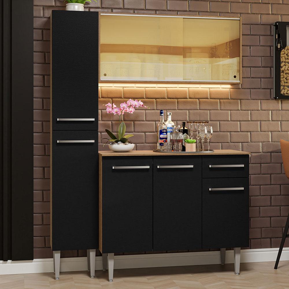 Armário de Cozinha Compacta 137cm Rustic/Preto Emilly Madesa 06 - Home & Living