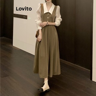 Lovito Casual Vestido Básico com Botões 2 em 1 para Mulheres LNA20064 (Caqui)