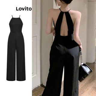 Lovito Casual Macacão Feminino Liso com Laço Traseiro e Costas Abertas L74ED351