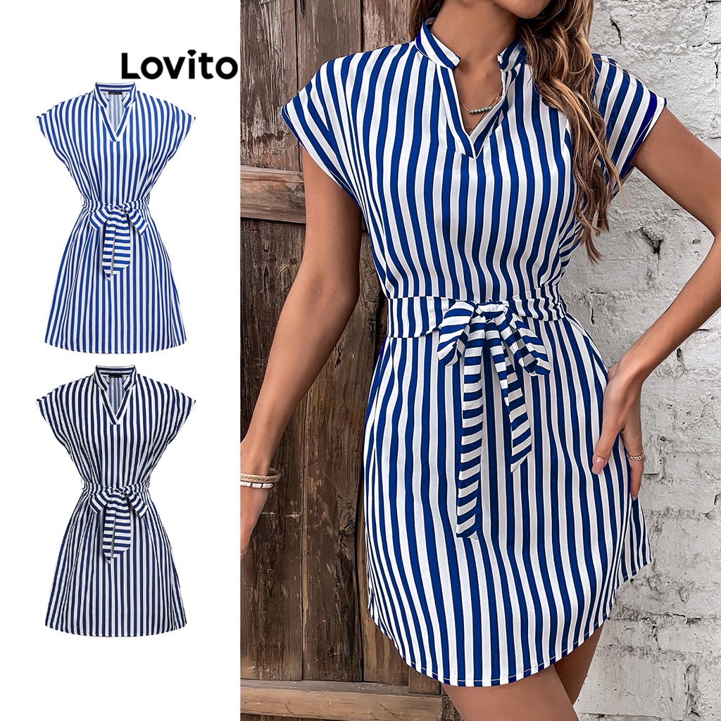 Lovito Vestido Listrado com Amarração para Mulheres LBE04056 (Azul)