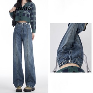 Lovito Calça Jeans Feminina Casual De Cintura Alta Com Botão Liso E Perna Larga LNA38031 (Azul)