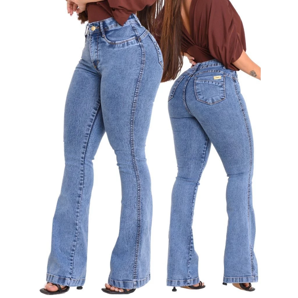 Calça Jeans Flare Feminina Com Elastano Boca de Sino Cintura Alta Elegante — imagem 1