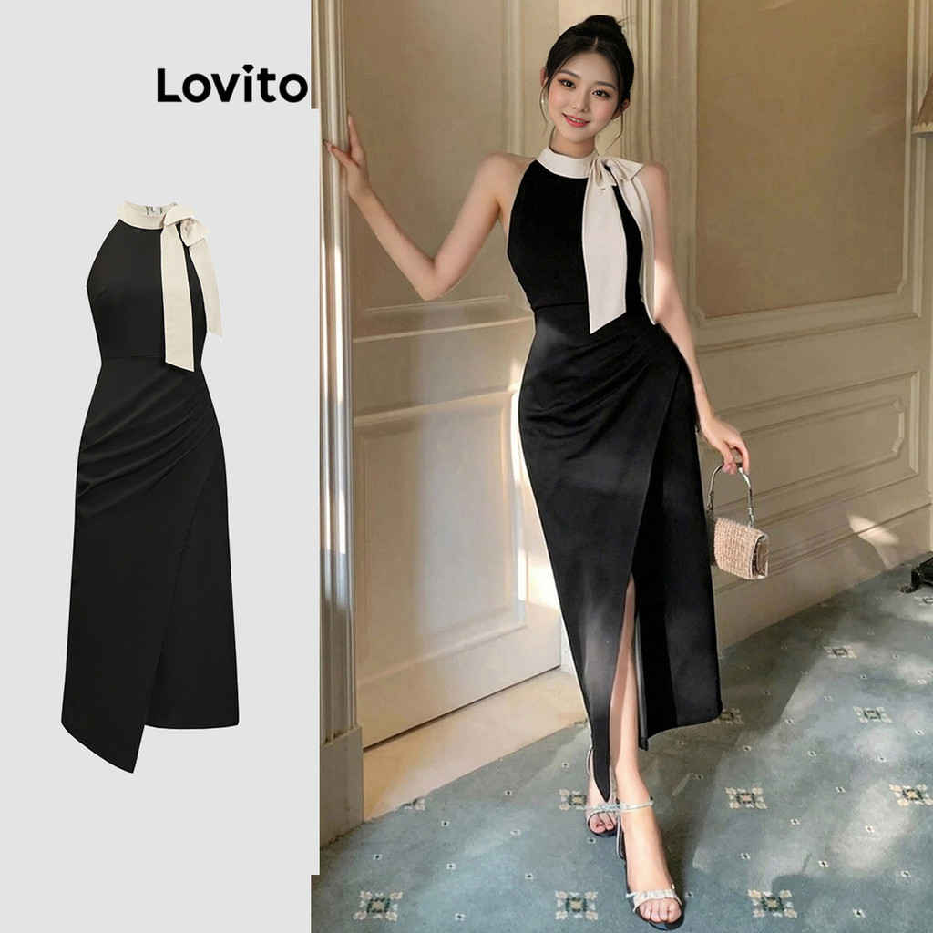 (Trendy) Lovito Vestido Elegante Vestido Colorblock Liso Para Mulheres L91AD171