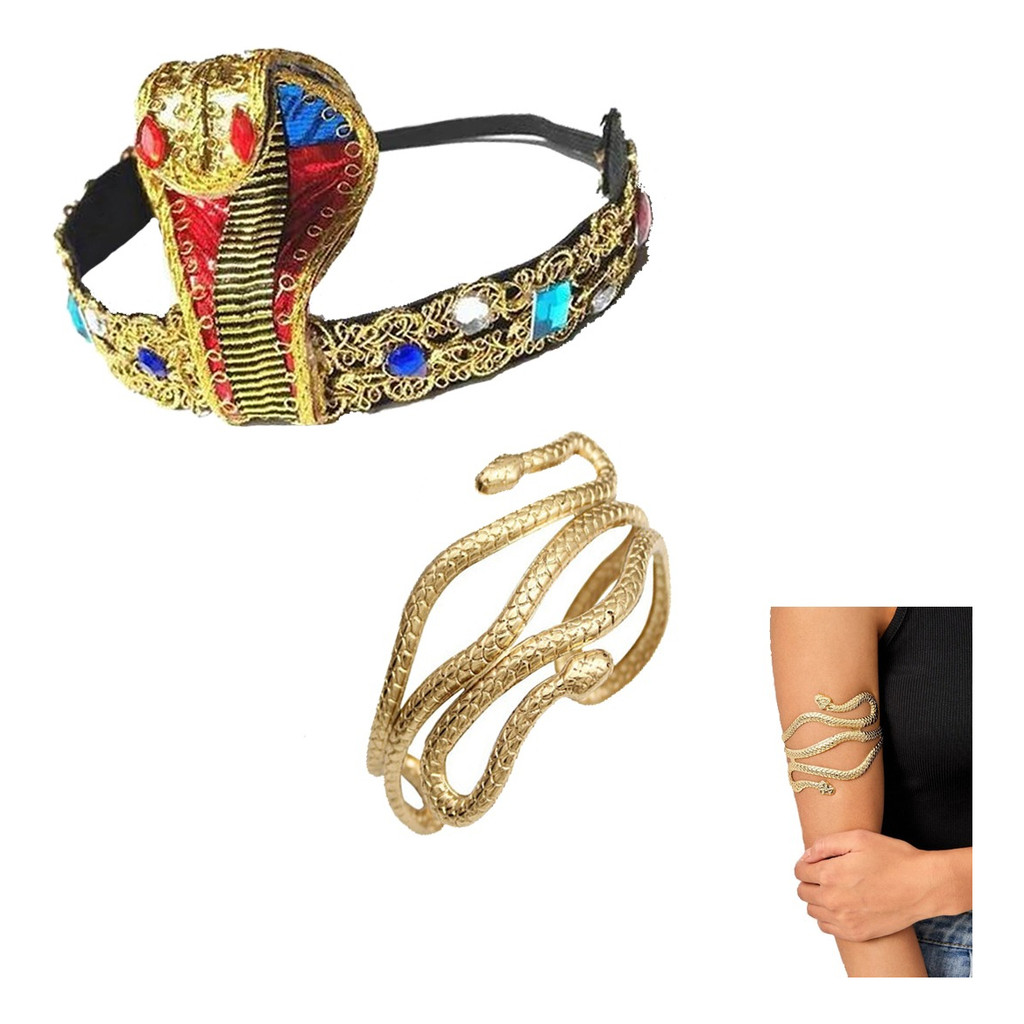 Kit 2un Tiara Bracelete Cleópatra Rainha Egípcia Cobra Festa