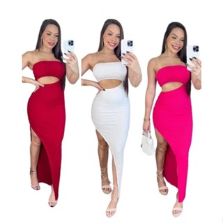 Vestido Feminino Longo Grécia Canelado Premium Tomara que Caia Fenda na Lateral Ombro a Ombro
