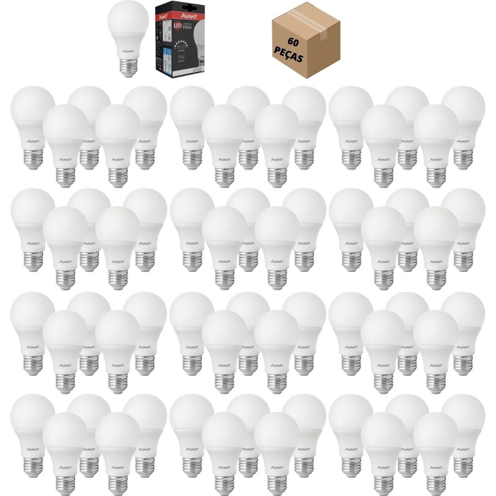 KIT 60 Lâmpadas Bulbo LED 9W A60 BRANCA - AVANT em Oferta na Shopee