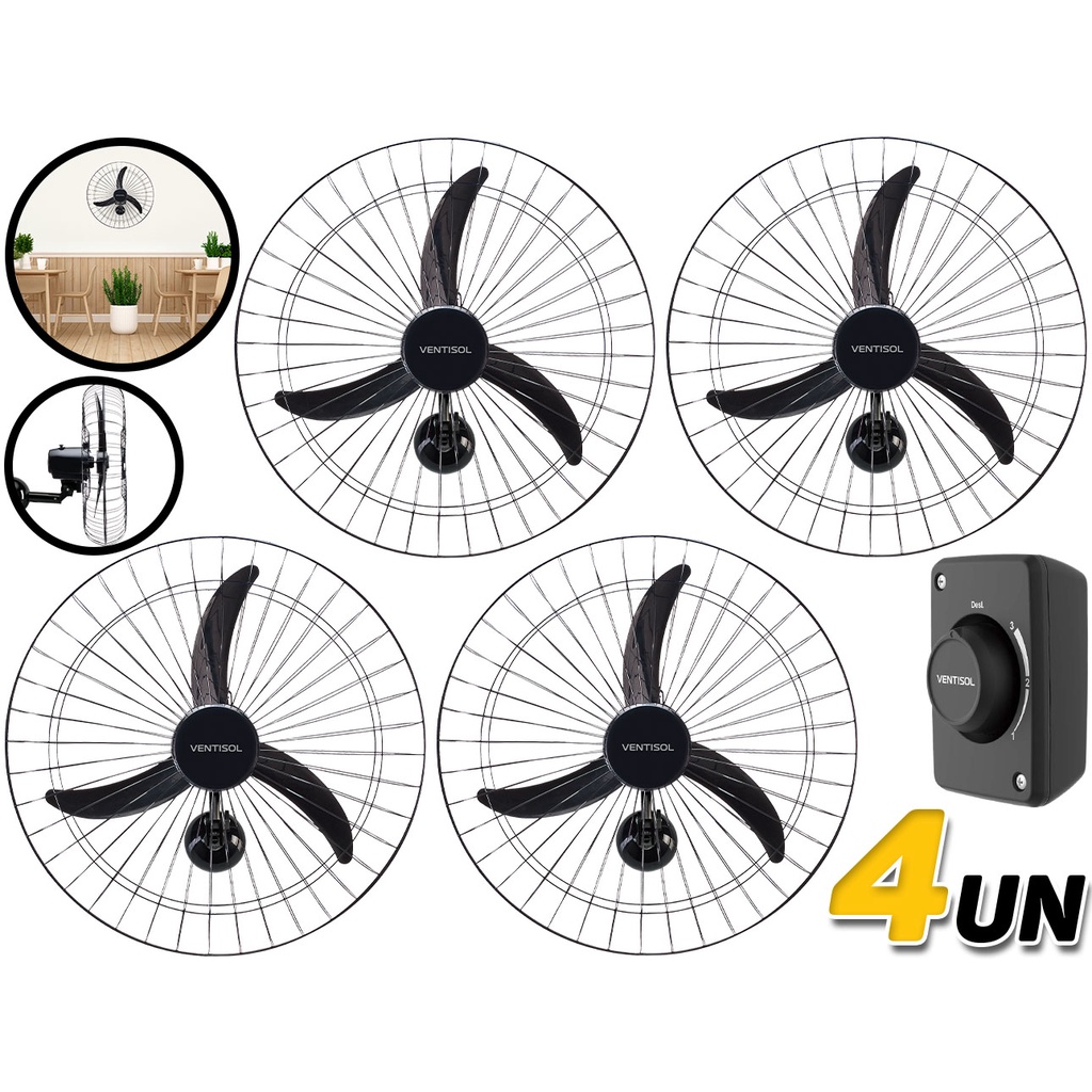 Kit 4 Ventilador De Parede 60cm P/ Loja Industrias Academia Comércio Igreja 147w 110v ou 220v Preto Ventisol em Oferta na Shopee