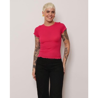 Blusa Feminina Manga Curta Frufru Canelada Rosa