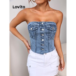 Lovito Top Jeans com Botões Frontais e Linha de Estrutura para Mulheres LBE04103 (Azul)