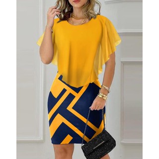 Vestido Geométrico De Impressão Ruffle Hem Bodycon