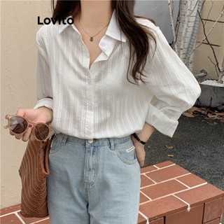 Lovito Casual Blusa Feminina Lisa de Jacquard com Manga Comprida LNE27024 (Branco)