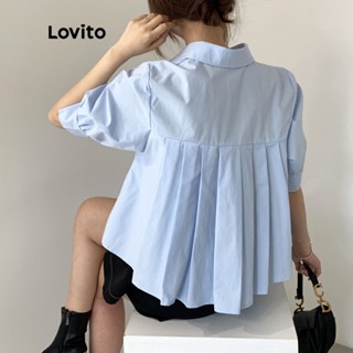 Lovito Elegante Blusa Feminina Lisa Franzida LNE11062 (Azul)