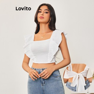 Lovito Casual Blusa Feminina Lisa com Babados e Laço Traseiro LBA05013 (Branco)