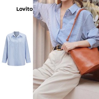 Lovito Elegante Blusa Feminina Listrada Básica com Botão Frontal L65ED018 (Azul)
