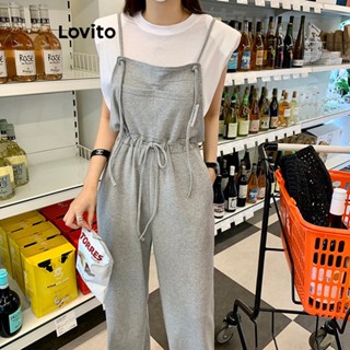 Lovito Casual Jardineira Feminina Lisa de Amarrar com Bolso e Ilhós LNE29492 (Cinza)