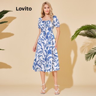 Lovito Vestido Boho com Laço Frontal Dividido e Estampa Floral Delicada para Mulheres LBL06060 (Azul)