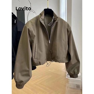 Lovito Casual Jaqueta Feminina Lisa com Bolso Cordão e Zíper LNA35021 (Cáqui)
