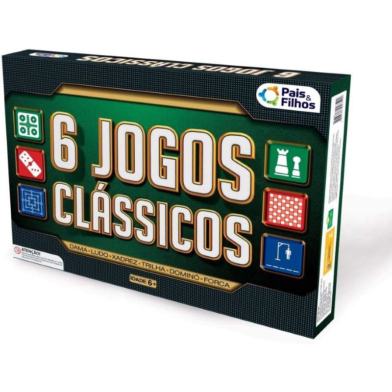 Kit c/ 6 Jogos Clássicos Dama Ludo Xadrez Trilha Dominó Forca Pais e Filhos