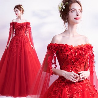 Vestido de Noite Rosa Vermelho Gaze Gaze Manga Longa Novo Estilo Noiva Vestido de Noiva Torrado Vestido de Noiva Fada Venda por atacado