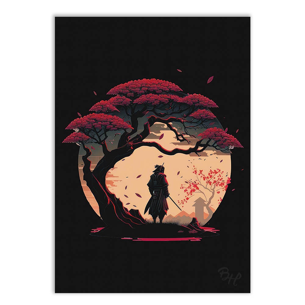 Placa Quadro Decorativo Anime Japones Samurai Sob A Cerejeira Vermelha Decoração Poster