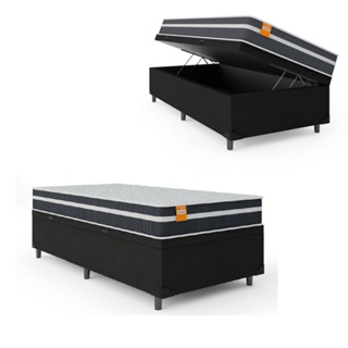 Cama Box Solteiro Baú Colchão Molas Qatar 88x188x63cm Branco / Preto - Suporta até 150Kg em Oferta na Shopee