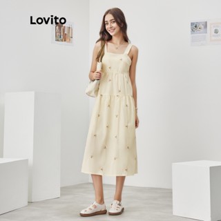 Lovito Casual Vestido Feminino Floral Drapeado de Algodão com Girassol Bordado L52AD074 (Off White)