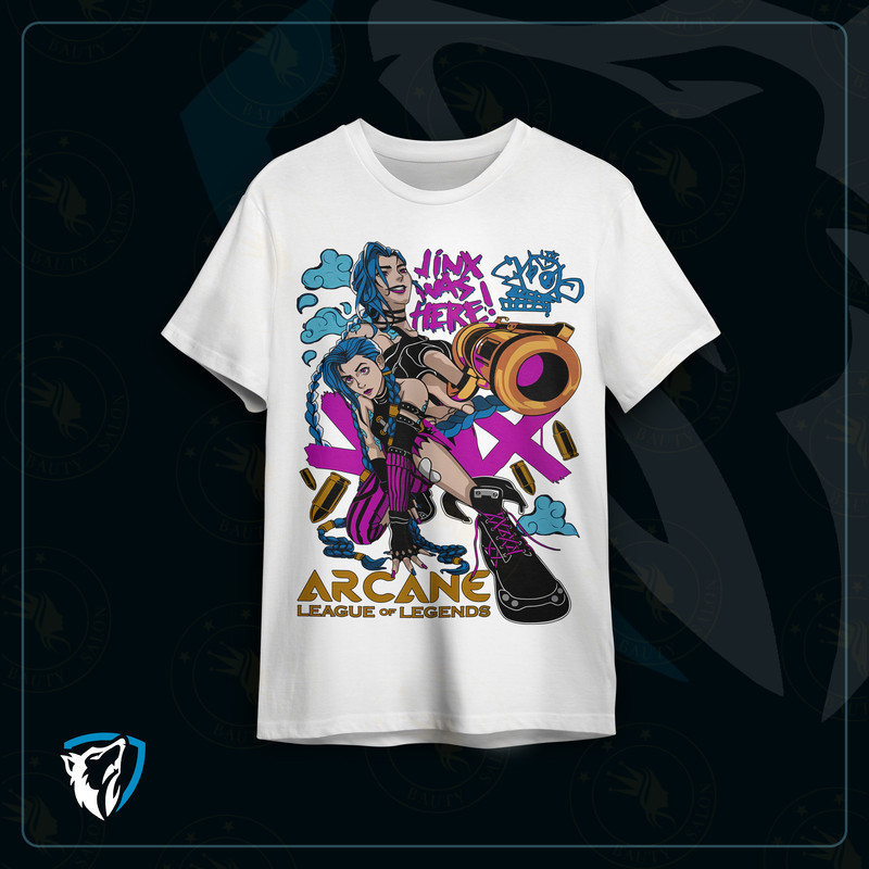 Camiseta Unissex Jinx de Arcane LOL Estampada com Pistola 100% Algodão para Fãs de League of Legends bau de tesouro