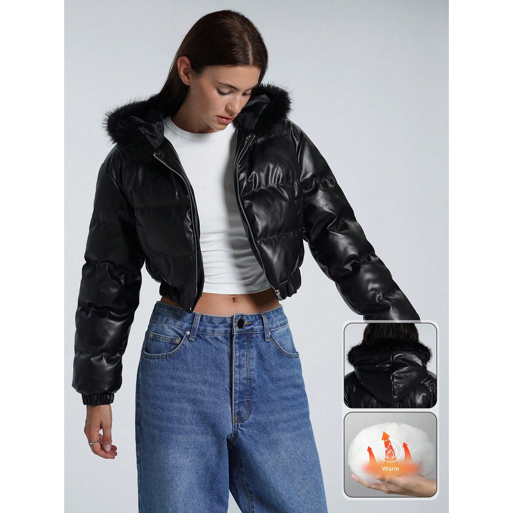 Minimalana Casaco Acolchoado com Capuz e Colar de Pelo  Casual de Outono/Inverno -  da Cabeça aos Pés FW