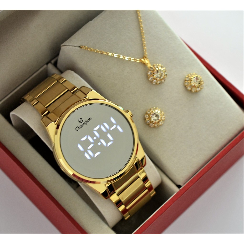 RELOGIO CHAMPION DOURADO REDONDO ESPELHADO LANÇAMENTO CH40124B + KIT SEMI JOIA em Oferta na Shopee