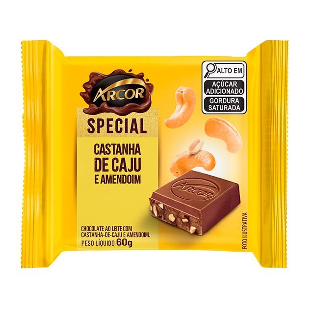 Detalhes do Chocolate Ao Leite Special Castanha De Caju E Amendoim Arcor 60g